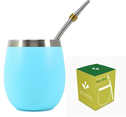 Novomates [NEW Pot à Maté avec Bombilla en Acier Inoxydable – Meilleure Kit pour le Thé Maté Argentin – Mug à Double Paroi en Acier Inoxydable avec Paille en Acier Réutilisable -237ml (Bleu Sarcelle)