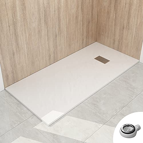 WITEN&NOCK SMC Duschwanne 170x80cm weiß Steinoptik mit Ablauf Ø90mm | 32 mm Extraflach Antirutsch Duschtasse mit Ø 90mm Siphon & Edelstahl Abdeckung，bruchfest, Vielseitige Montage, hygienisch
