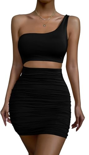 Zesoyne Womens Sexy 1 Shoulder Sleeveless Ruched Club Dress Bodycon Cut Out Mini Dress Medium Black