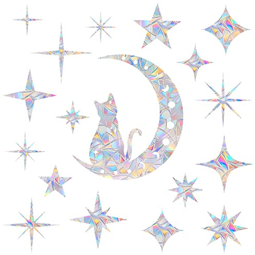 18 Pieces Cat Moon and Star Window Clings - Anti-Collision Decals to Save Birds from Glass Collisions,Non Adhesive, Reusable Rainbow Stickers