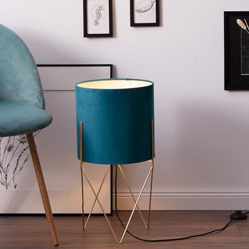 Lightbox moderne Stehlampe - dekorative Stehleuchte mit Stoffschirm & Fußschalter - geeignet für 1x E27 Leuchtmittel - aus Metall/Textil - in Messing gebürstet - 58cm Höhe