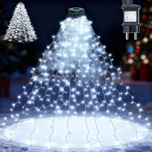Joycome Luci Natale Albero 400 LED 2Mx16 Fili Mantello Luci di Natale, 8 Modalità Luci Albero di Natale a Cascata con Anello, Impermeabile Luminarie Natalizie per Interno Esterno Decorazioni - Bianco