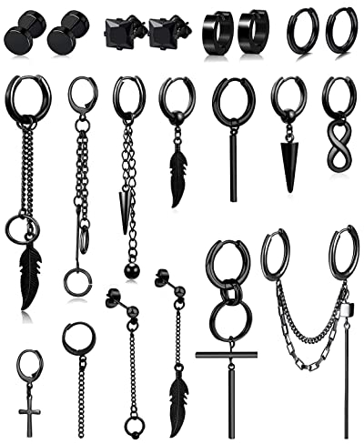 21 Stück Ohrringe Herren Schwarz Ohrringe Männer Edelstahl Creolen Kreuz Feder Anhänger Ohrstecker Hypoallergen Ohr Piercing