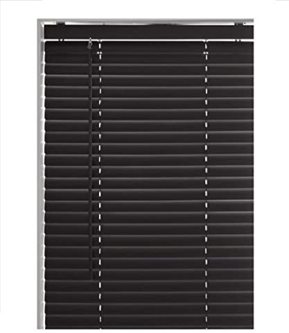 Black Plain PVC venetian Blind - Width 105cm x Drop 150cm - 25mm Horizontal Slats - Easy Fit Trimmable fitting with Tilt control Wand Mechanism