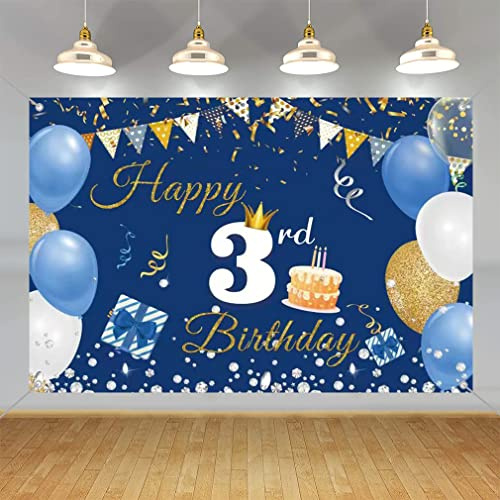 3. Geburtstag Deko Junge Mädchen, Dritter Geburtstag Banner Blau, Happy 3 Birthday Stoff Schild Plakat Hintergrund Banner Geburtstagsfeier Deko