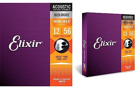 Elixir® 11077 Saiten 80/20 Bronze Akustik-Gitarrensaiten & Saiten Phosphor Bronze Akustik-Gitarrensaiten mit NANOWEB® Beschichtung, Medium (.013-.056)