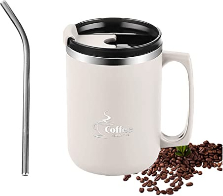 15 OZ Kaffeebecher mit Henkel,Doppelwandiger Vakuum-Reisebecher,Kaffeebecher mit Flip-Deckel und Strohhalm, Wiederverwendbarer Becher aus Edelstahl,für Zuhause,Büro,Reisen, Camping,Outdoor(Weiß)