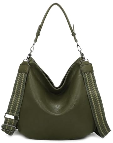 ITALYSHOP24 OBC Damen Tasche XXL Shopper Hobo Bag Schultertasche Crossbody Umhängetasche Beuteltasche Handtasche Crossover Leder Optik Olivgrün