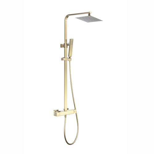 ENKI ENZO SH0622 Brushed Brass Thermostatic 38 Degree Mixer With 200mm Ultra Slim Overhead Rain Shower and Handheld System - Square Design, 1-Year Guarantee