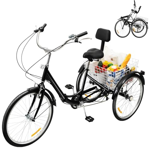 VonVVer 24 Zoll Faltbares Dreirad für Erwachsene - 7 Gang Dreiräder Erwachsene mit Korb 120KG Last Höhenverstellbar 3 Räder Fahrrad Cityräder Cruise Einkaufsrad für Senioren Frauen Ältere(Schwarz)