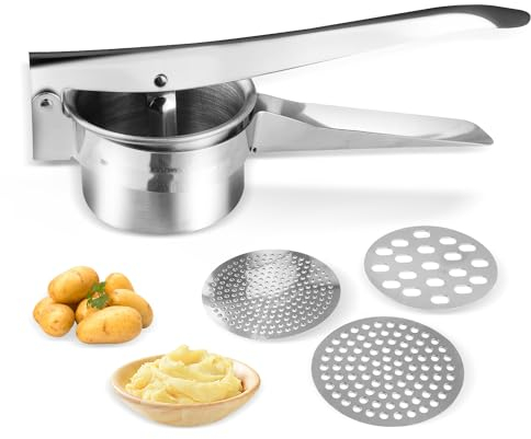 Stainless Steel Potato Ricer Manual Masher Strainer Press Mash Kitchen Gadget Tool with 3 Interchangeable Ricing Discs for Potatoes Fruits Vegetables Juicer