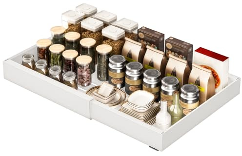 YheenLf erweiterbar ausziehbare schublade küche mit Kleber, Tiefe 42cm schrank organizer, Slide Out teleskopschublade Cabinet für Küche Organisation Einstellbare Breite 32-52cm, Weiß