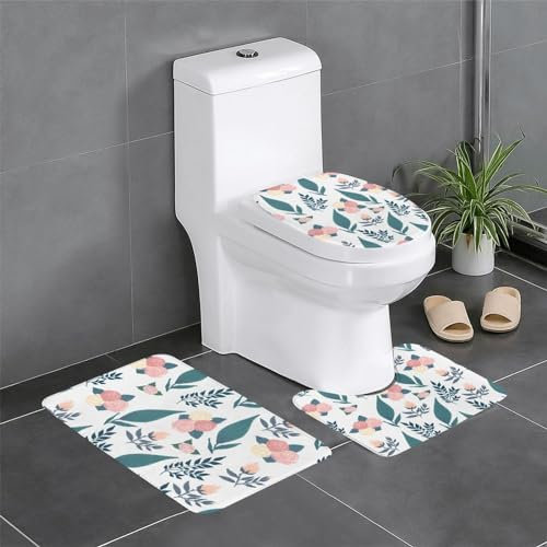 Badematten-Set aus Flanell, rutschfest, 60 x 40 cm, mit rosa Blumen, Badematte + U-förmiger WC-Vorleger + O-förmiger Toilettensitzbezug