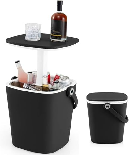 TANGZON 15L Ice Bucket Table, Side Table Beer Cooler with Telescopic Tabletop, All-Weather Outdoor Coffee Cocktail Tables for Backyard Party Poolside