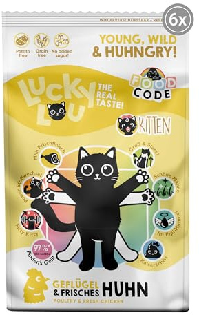 Lucky Lou Kitten Trockenfutter für Junge Katzen - 6 x 750g Geflügel & Huhn - Food Code Katzenfutter trocken für sterilisierte Katzen, ohne Getreide & Zucker