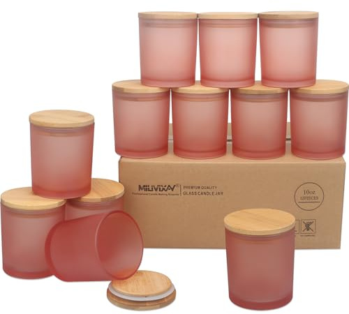 MILIVIXAY 12-pack 295 ml matt rosa tjocka glasljusburkar med lock – bulk tom ljusburk för att göra ljus – kryddor, pulverbehållare.