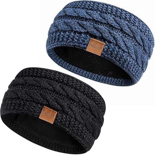Hatromm Winter Headbands for Women Wool 2 Pack, Ear Warmers for Women Headband Knit Thick Fleece Lined, Cold Weather Warm Ear Muffs(Black+Denim)