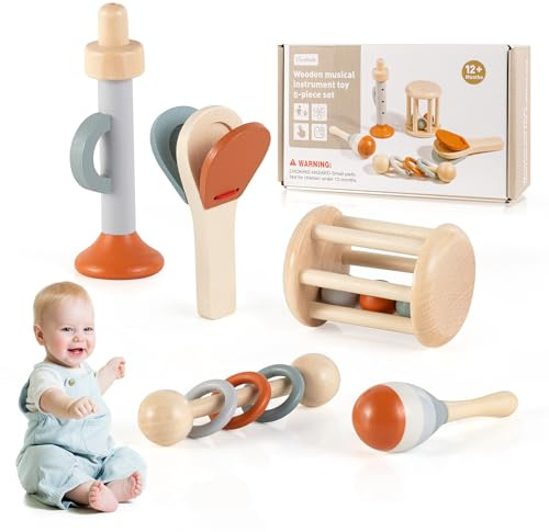 YAOZUP Baby Musikinstrumente, 5pcs Montessori Holzmusikinstrumente für Kleinkinder von 0-1 Jahre, Montessori-Holzspielzeug mit Maracas,Trompete,Kastagnetten, Percussion-Instrumente Set