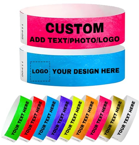 50 individuell bedruckte Armbänder – personalisierte Armbänder für Veranstaltungen aus Tyvek – individuelle Partyarmbänder aus Papier – mit Logotext – für Konzerte, Partys, Firmenlogos, 19 x 255 mm
