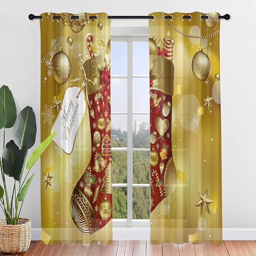 Surwin 2 Stück Gardinen mit Ösen, Weihnachten Vorhänge, Frohe Weihnachten Modern Transparent Vorhänge Wohnzimmer Polyester Gardinen Küche Fenster Wohnzimmer Schlafzimmer (107x244cm,Frohe Weihnachten)