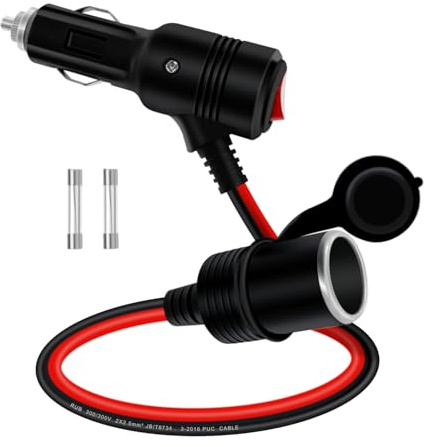 HuaLiSiJi Cigarette Lighter Extension with On Off Switch 12V 24V Car Cigarette Lighter Extension Lead 14AWG, Built in 15A Fuse and Equipped with 2 15A 20A Spare Fuse (0.3m)