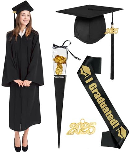 Abschluss Talar mit Hut 2025 Herren Damen, Graduation Robe Bachelor Doktorhut Anhänger Quaste Abschluss Hochschule Abschlussfeier Abschluss Geschenke fur High School Master Universität (Schwarz, 2XL)