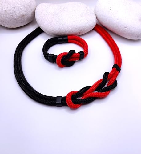 Schmuckset Armband Statementkette Handarbeit Segelseil Rot Schwarz Knoten Geschenk Freundin opulente Kette Bibkette Frauen Damen Knotenkette
