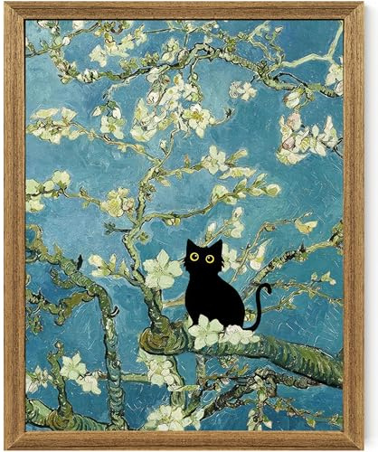 Fantasy Artists Van Gogh's Almond Blossom Funny Black Cat Canvas Wall Art, Oil Painting Posters Home Decor, Vintage Abstract Aesthetic Wall Decorations for Living Room Bedroom, 8 X 10