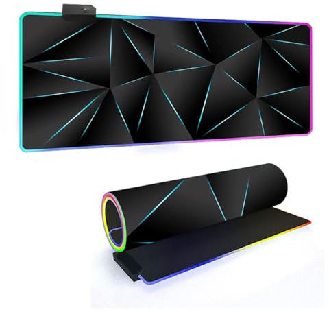 Mateju 3D Geometrie RGB Mousepad, rutschfeste Gummibasis Mauspad, Mousepad XXL/XL/l 14 Beleuchtungs Modi und 7 LED Farben, Gaming Mauspad mit Vernähte Kanten (Blau,700x300x4mm)