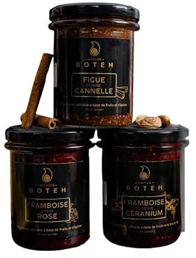 Maison Boteh Coffret Brunch, 3 Confitures Artisanales, 230g par Pot, Framboise Litchi Rose, Framboise Géranium Pistache, Figue Pomme Cannelle