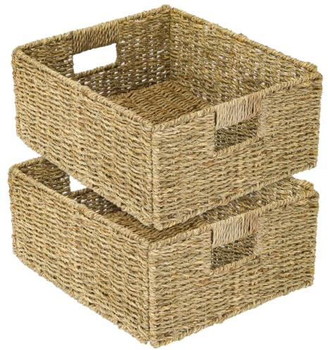 HMF Cesta de almacenamiento compatible con KALLAX medio compartimento, cesta trenzada de algas marinas con asas | set de 2 | 30 x 34 x 15 cm | Natural