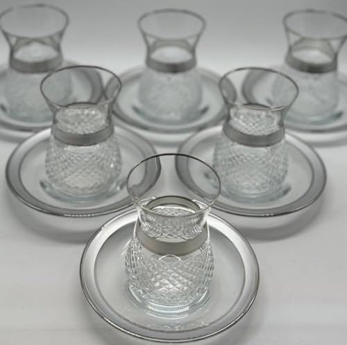 Lyros Teegläser Set - 6er Pack, Glas und Untersetzer verziert in Silber, Handverarbeitet