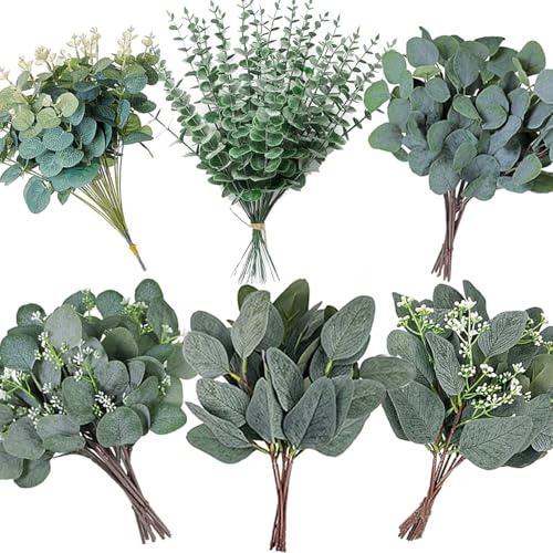 WONICE 240Pcs 6 Kinds Mixed Eucalyptus Leaves Stems Bulk Artificial Silver Dollar Leaves Picks Dried Eucalyptus Bundle Faux Spray for Wedding Vase Bouquet Decor (Eucalyptus Leaves Stems-240)