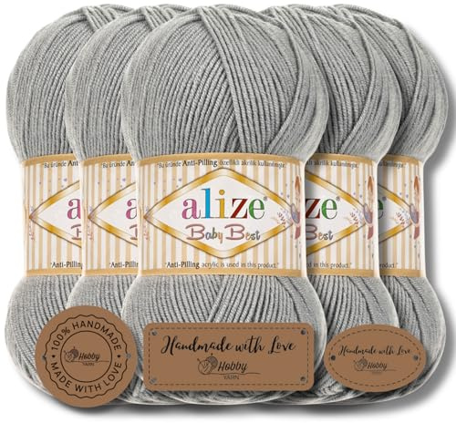 Hobby YARN 3 x etikettetiketter med Alize Baby Best batik 5 x 100 g som set I antipilling babyull, akryl, uni & batikgarn för virkning och stickövergång (grå | 344)