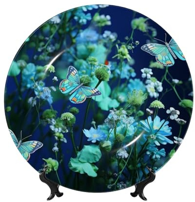Assiette décorative en porcelaine anglaise de 20,3 cm, motif papillon vert et fleurs bleues, assiettes à dîner en céramique avec support de présentation, assiettes en porcelaine pour décoration murale