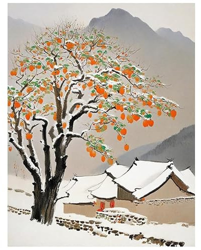 Árboles De Caqui Y Pueblo Bajo Una Intensa Nevada, Arte De Pared Moderno Abstracto Pintado A Mano, Paisaje Rural Chino, Pintura Al Óleo Sobre Lienzo, Decoración Estética De Granja, 40 X 60 Cm (1