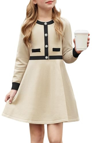 Arshiner Niñas Vestido Invierno Niños Cálido Punto A-Line Fiesta Festivo Elegante de Manga Larga Vestidos para Niñas 11-12 años Albaricoque