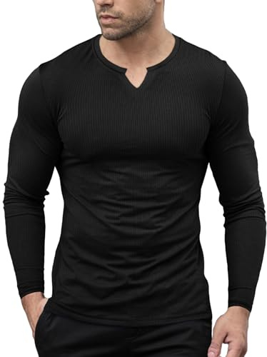 Agilelin Magliette Elasticizzate da Uomo con Scollo a V,T-Shirt Maniche Lunghe vestibilità Slim,Biancheria Intima Casual (Black/S)
