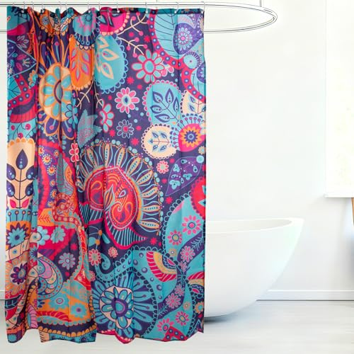TJHDSF Duschvorhang 180x180 Wasserdicht, Boho Blumen Muster Vintage | Waschbarer Anti Schimmel Duschvorhang mit 12 Haken, Vintage Bad Vorhang für Badezimmer mit Blumen Design