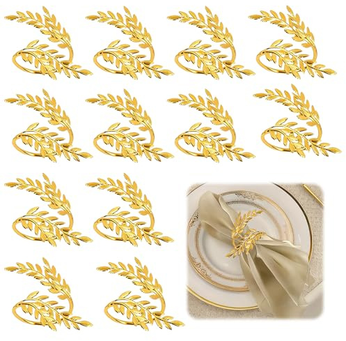 Serviettenringe Gold 12 Stück Metall Servietten Ringe Weizen Blattförmige Serviettenhalter aus Metall Serviettenring Serviettenschnallen für Abendessen Weihnachten Ramadan Kommunion Deko