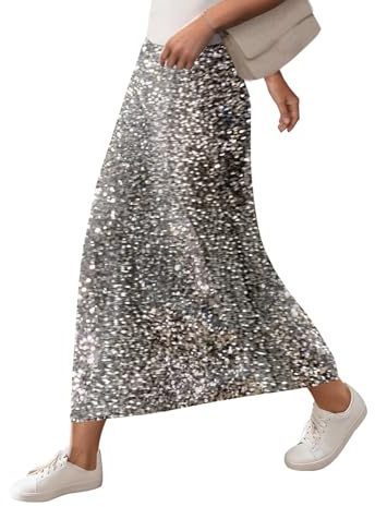 SOFIA'S CHOICE Women Sequin Skirts High Waisted Sparkly Midi Skirt Club Night Out Silver X-Large