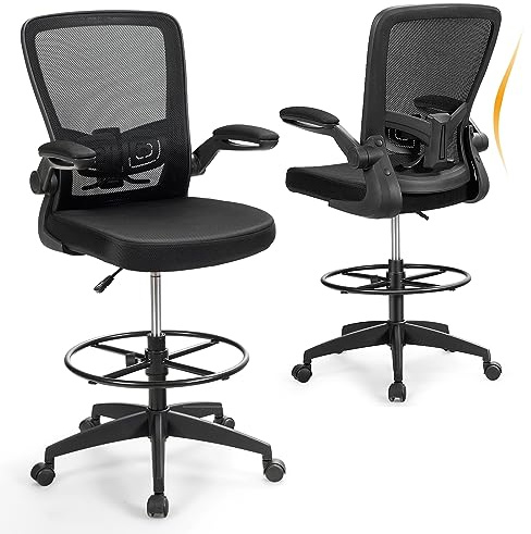 FANTASK Ergonomisches Bürostuhl, Sitzhöhe 55-75 cm, Arbeitsstuhl mit hochklappbaren Armlehnen & verstellbarem Fußring, Drehstuhl mit hoher Rückenlehne (Schwarz)