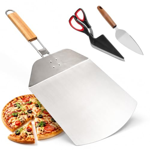 Pizza Peel Set with Foldable Wooden Handle, Pizza Scissors & Cutter | Pizza Oven Accessories Set with Metal Peel, Pizza Cutter & Spatula for Homemade Pizza, Bread, Dough and Baking