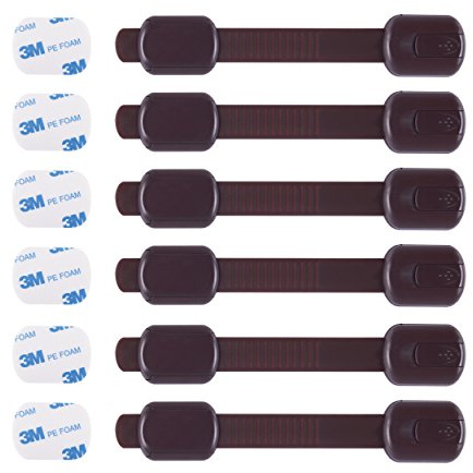 CUTESAFETY - Child Safety Cabinet Locks (6 Pack) – Adjustable Baby Proofing Strap Latches with Strong 3M Adhesive – No Drill Childproof Locks for Drawers, Cabinets, Fridge, Door, Closet, Brown
