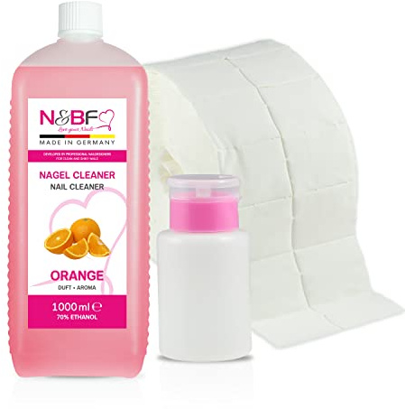 NAILS FACTORY Nagel Cleaner 1000ml mit Orangen Duft + Dispenser Pumpflasche (Rosa) + 1000 fusselfreie Zelletten | 70% Ethanol | Reiniger für Nägel, Schwitzschicht & Arbeitsgeräte | Made in Germany