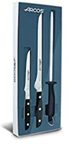 Arcos Serie Manhattan - Set Coltelli Prosciutto 3 pezzi (1 Coltello Prosciutto + 1 Dissoso + 1 Affilatori) - Acciaio Inossidabile Forgiato NITRUM - Manico Polioxymetilene (POM) Colore Nero (Filo Seta)