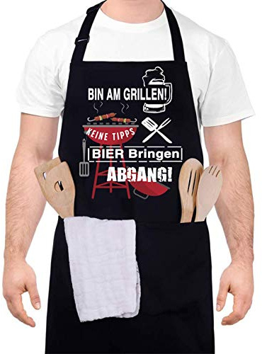 upain Grillschürze für Männer Lustig Schürze Kochschürze Baumwoll | Lustig Küchenschürze,Verstellbarem Nackenband,Zwei Fronttaschen für Küche Kochen Grill-Mir egal ich koch das jetzt so-Schwarz