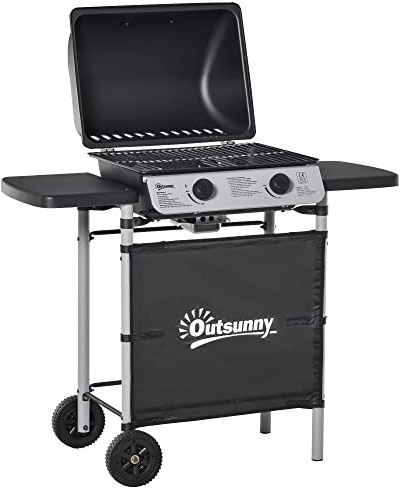 Outsunny 2 Burner Gas BBQ Trolley with Lid, 5.6 kW Gas Barbecue Grill with Wheels, Side Shelves, Black