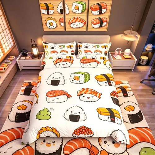 Bäddset med sushi i japansk stil, sängkläder och linne för barn, pojkar, flickor, mat, påslakan, söt tecknad japansk sushi, sängkläder och linne, påslakan, för enkelsäng