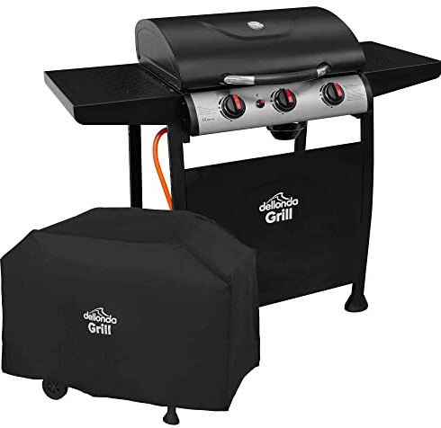 Dellonda 3 Burner Gas BBQ Grill with Piezo Ignition, Built-In Thermometer and Water Resistant Cover, Black/Stainless Steel - DG228